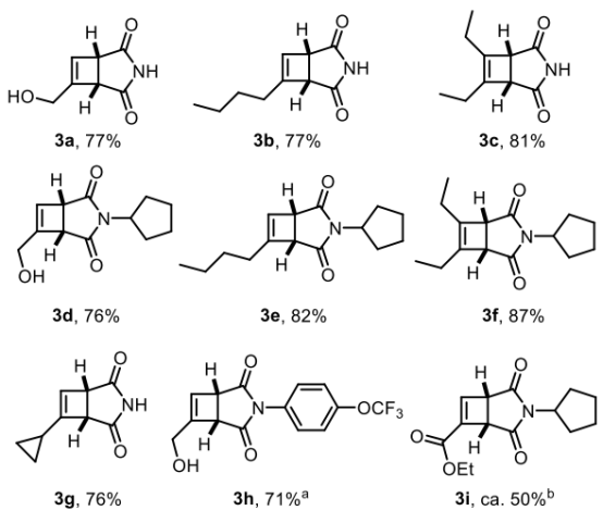 Figure 1 連續(xù)環(huán)丁烯合成的底物范圍；使用20mol%的噻噸酮； b 對(duì)二氧化硅不穩(wěn)定。